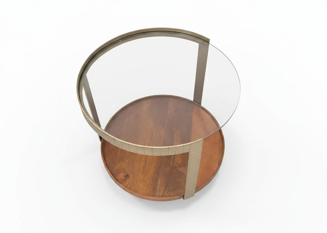 Rajpur Glass & Wood Round Brass Side Table