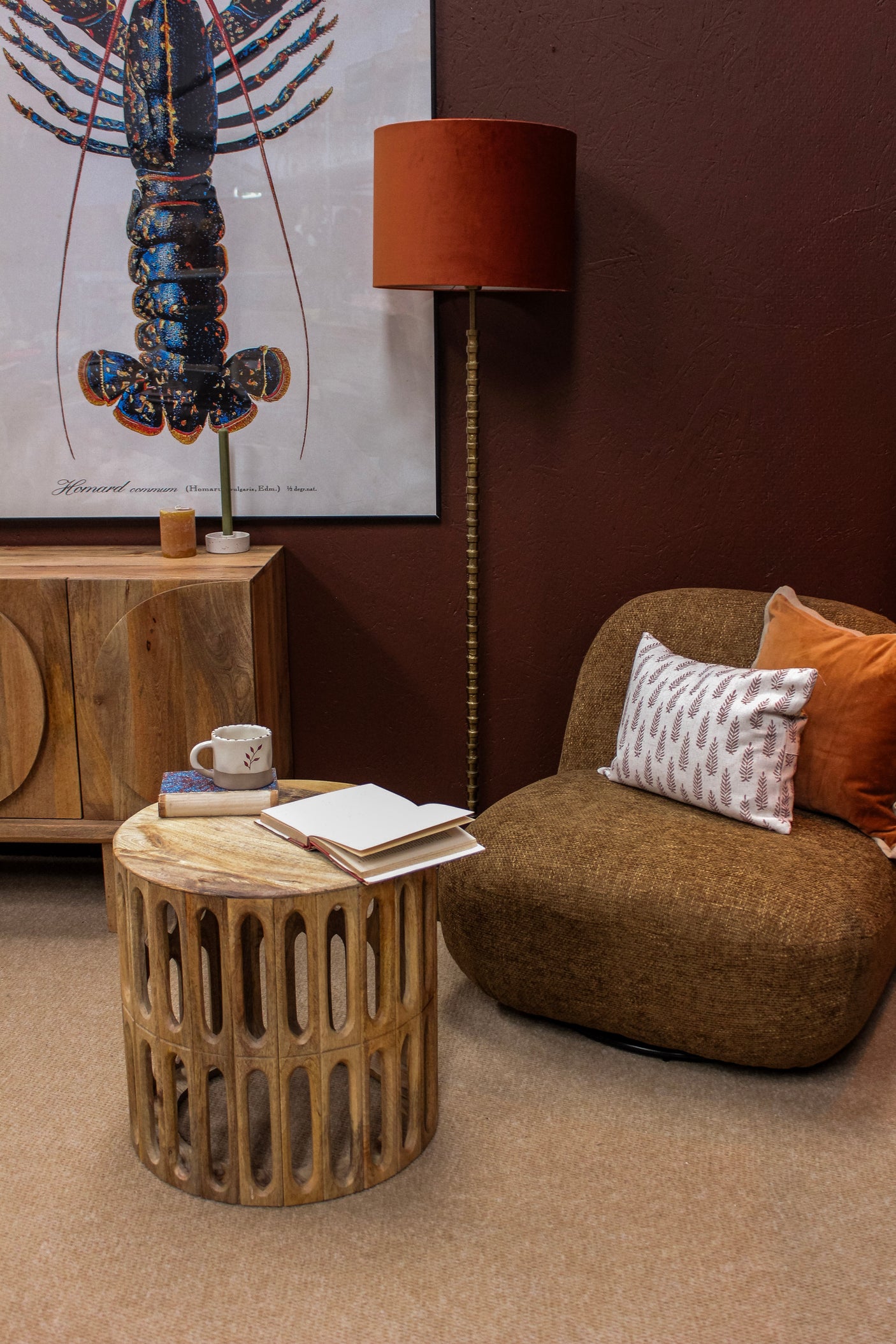 Kankra Wooden Carved Oval Tile Design Side Table