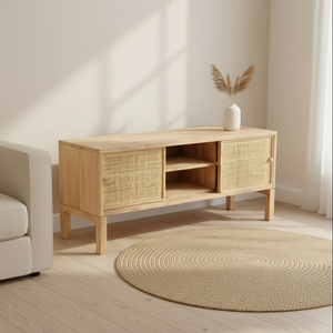 Wooden sideboard with wicker doors in a living room setting