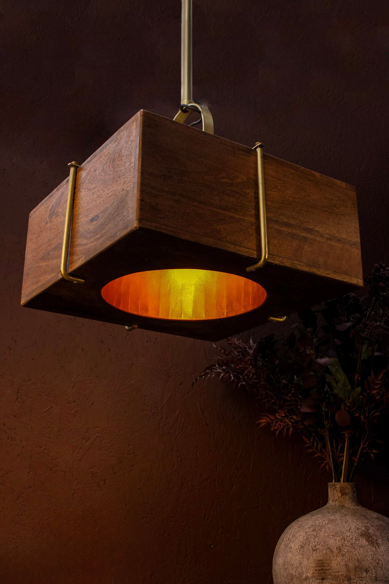 Dabla Square Wooden & Brass Pendant Light