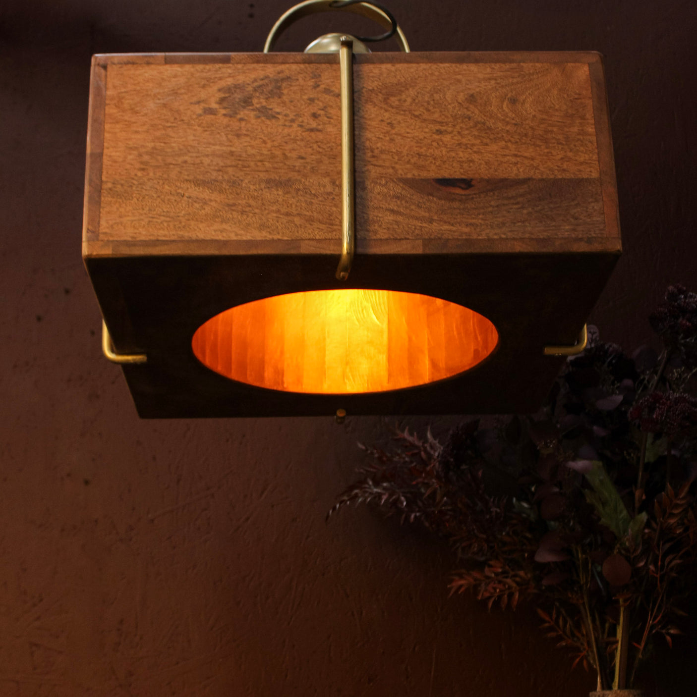 Dabla Square Wooden & Brass Pendant Light