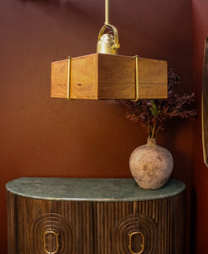 Dabla Square Wooden & Brass Pendant Light