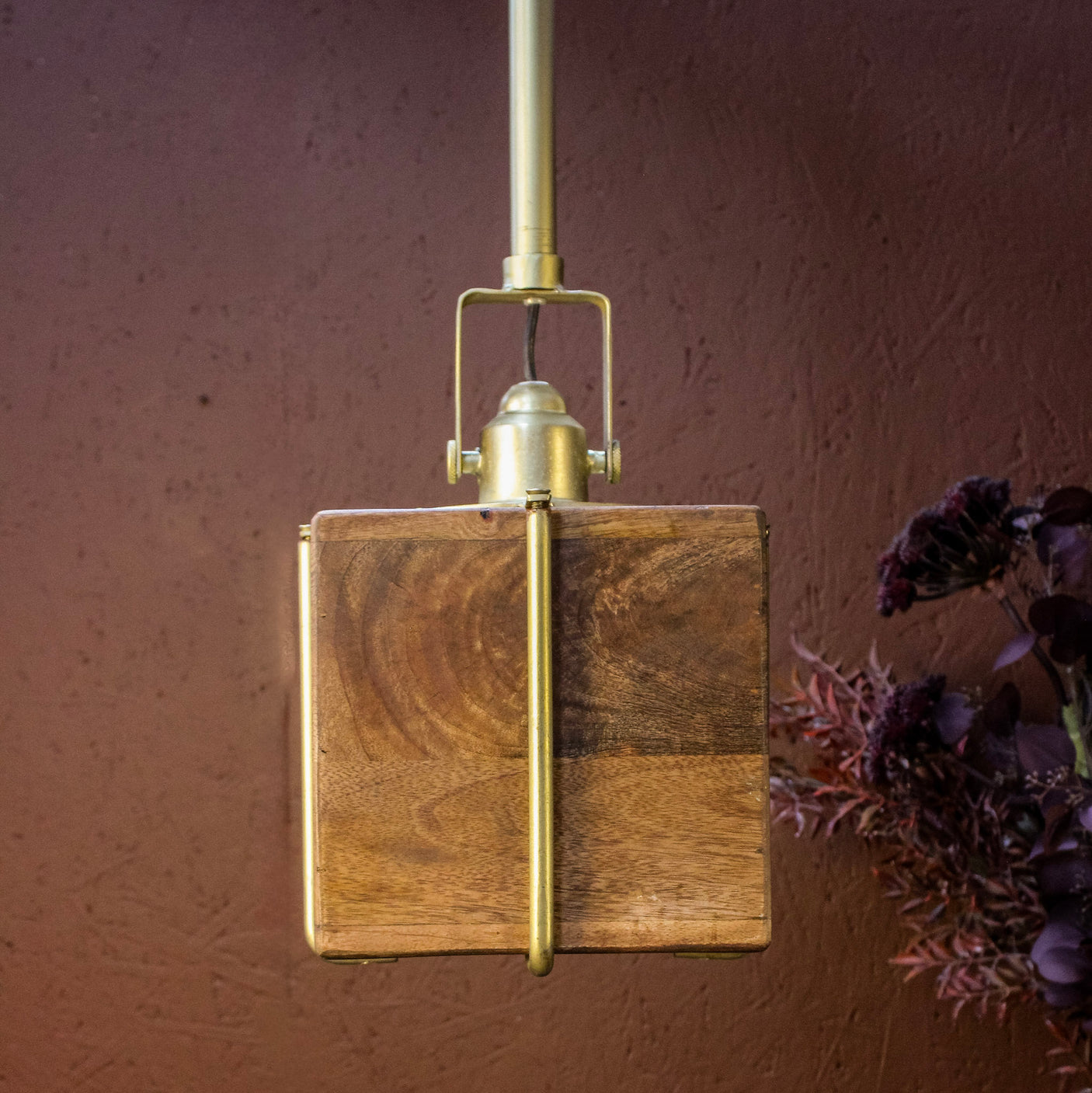 Dabla Square Wooden & Brass Pendant Light