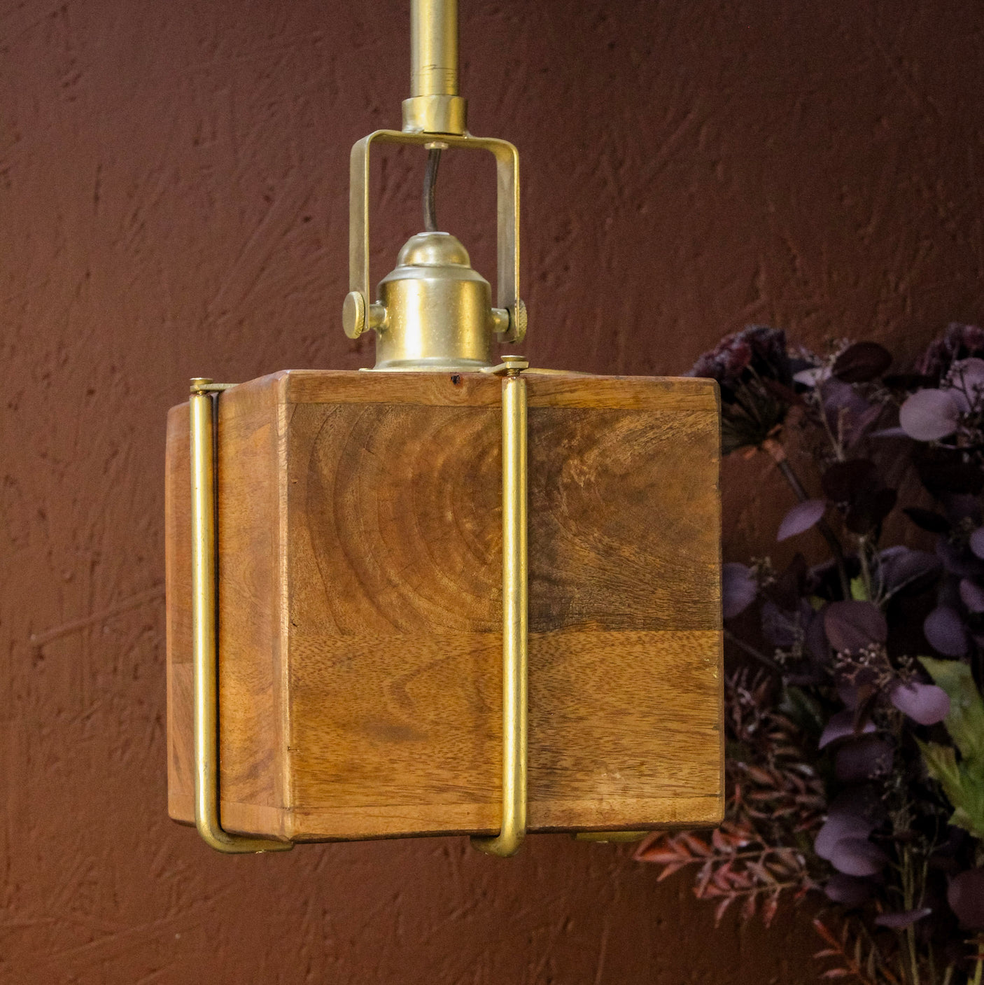 Dabla Square Wooden & Brass Pendant Light