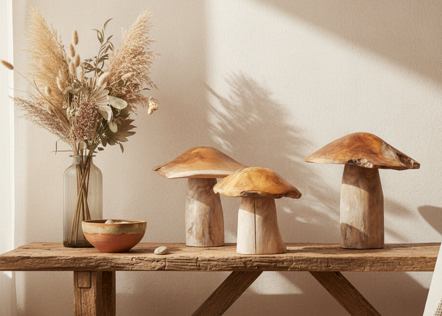 Three wooden mushroom sculptures on a wooden table with a vase of dried plants in the background.