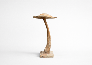 Wooden sculpture resembling a mushroom on a white background