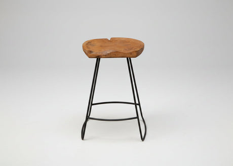 Wooden stool with black metal legs on a white background