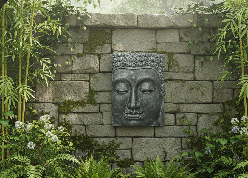 A rectangular dark grey Buddha head wall sculpture with closed eyes and detailed curly hair, standing upright on an outdoor brick wall with flowers and plants