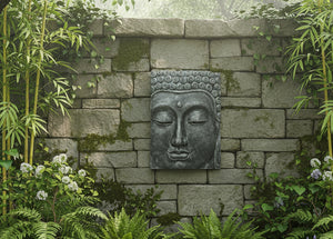 A rectangular dark grey Buddha head wall sculpture with closed eyes and detailed curly hair, standing upright on an outdoor brick wall with flowers and plants