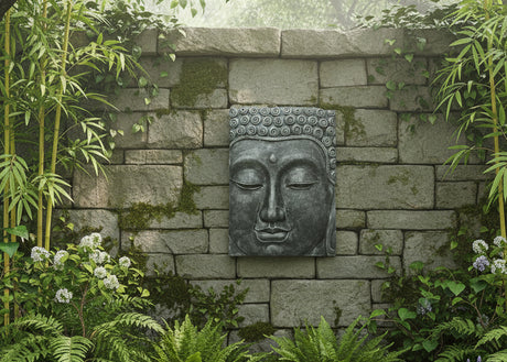 A rectangular dark grey Buddha head wall sculpture with closed eyes and detailed curly hair, standing upright on an outdoor brick wall with flowers and plants