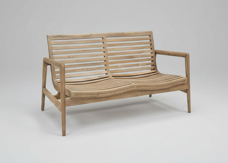 Wooden bench with slatted design on a grey background
