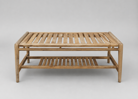 A rectangular wooden slatted coffee table with a lower shelf, shown against a neutral light grey studio background.