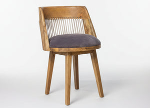A mid-century modern wooden dining chair with a curved backrest, thin vertical metal slats, a dark gray upholstered seat cushion, and tapered wooden legs, shown against a plain light gray background.