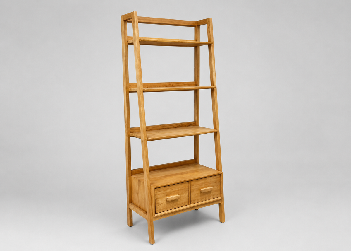 Wooden Ladder Bookshelf with Drawers in natural sungkai wood, showing three open shelves and a two-drawer base.