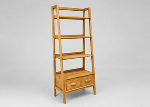 Wooden Ladder Bookshelf with Drawers in natural sungkai wood, showing three open shelves and a two-drawer base.