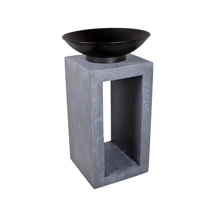 Black fire bowl on a grey concrete stand against a white background