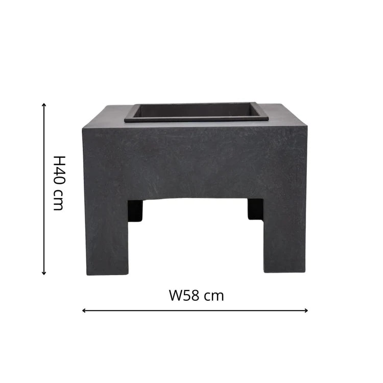 Black square fire pit with dimensions labelled on a white background