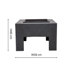 Black square fire pit with dimensions labelled on a white background