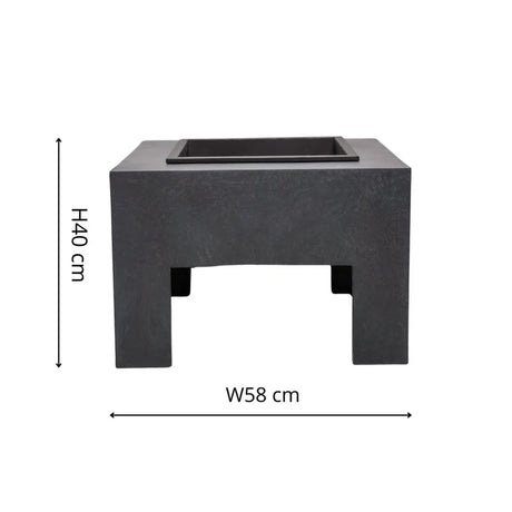 Black square fire pit with dimensions labelled on a white background