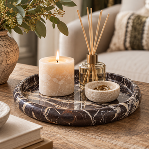 Alba Black and White Marble Round Tray styled on a rustic wooden table with a candle, reed diffuser and small decorative bowl.