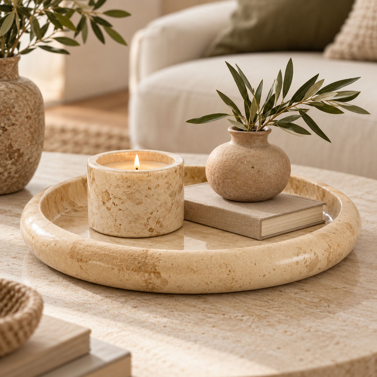Alba Cream Marble Round Tray styled with a candle, neutral book and small textured vase on a stone coffee table.