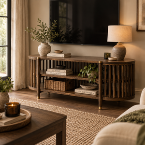 A round wooden TV stand with vertical slat detailing, styled in a cozy living room setting with a television, lamps, books, and plants.