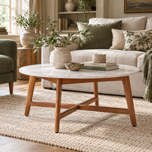 Alder round acacia wood and white marble coffee table styled with a vase, books and a bowl in front of a sofa