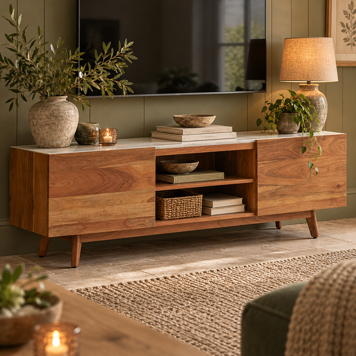 Alder acacia wood and white marble media unit styled with books, baskets, olive branches and a table lamp in a living room