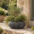 Amalfi Grey Round Ribbed Planter filled with olive and ornamental grasses on a stone terrace beside a honey-coloured stone wall