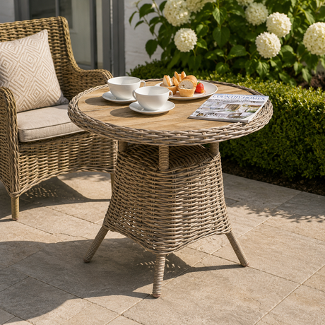 Wicker outdoor table with tea set and bread, surrounded by chairs and flowers.