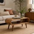 Wooden nordic style coffee table with decor items in a living room setting