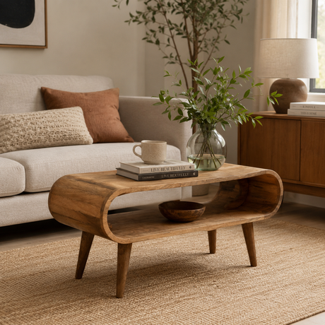 Wooden nordic style coffee table with decor items in a living room setting