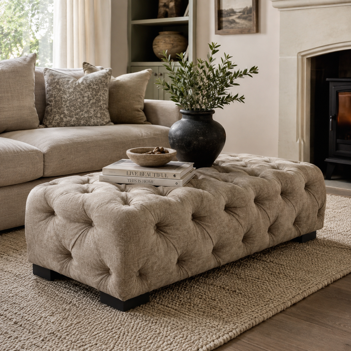 A large tufted ottoman in a warm beige linen fabric, styled in a cozy living room setting with a sofa, books, and a vase of greenery on top.