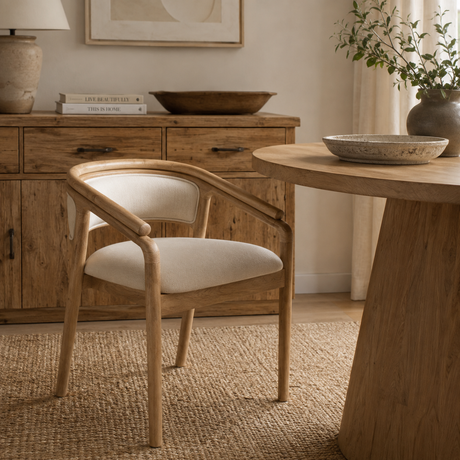 A light oak wood armchair with a cream upholstered seat and back cushion, styled in a warm, rustic room next to a matching wood table.