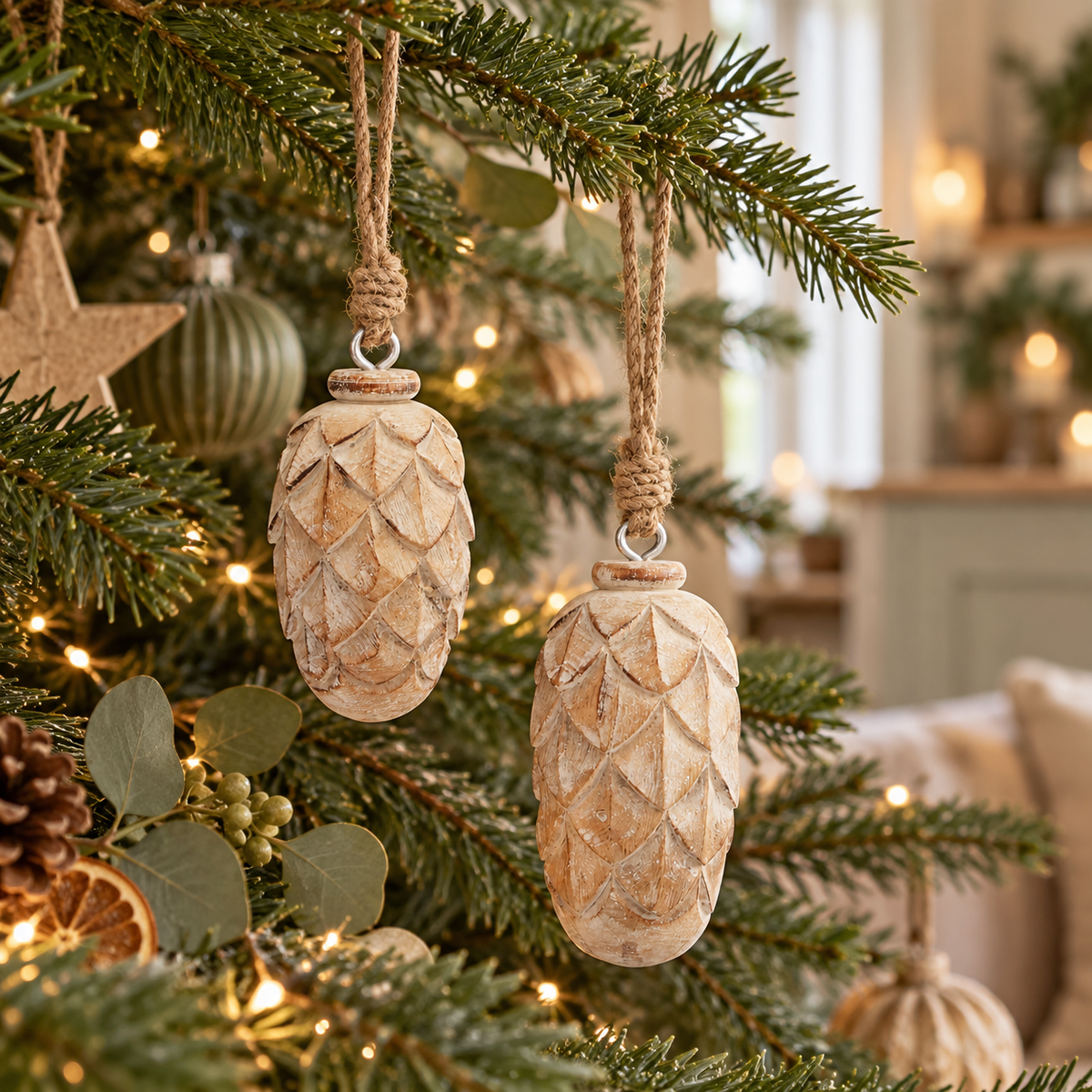 Two whitewashed carved wooden pine cone baubles hanging on jute loops from a lit Christmas tree