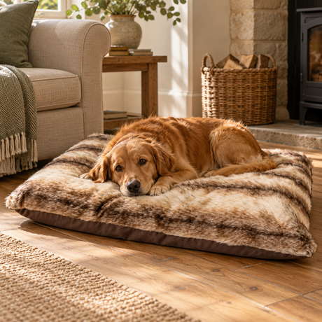 Golden retriever resting on the Arctic Fur Cushion Dog Bed on a wooden floor in a living room with a wood-burning stove