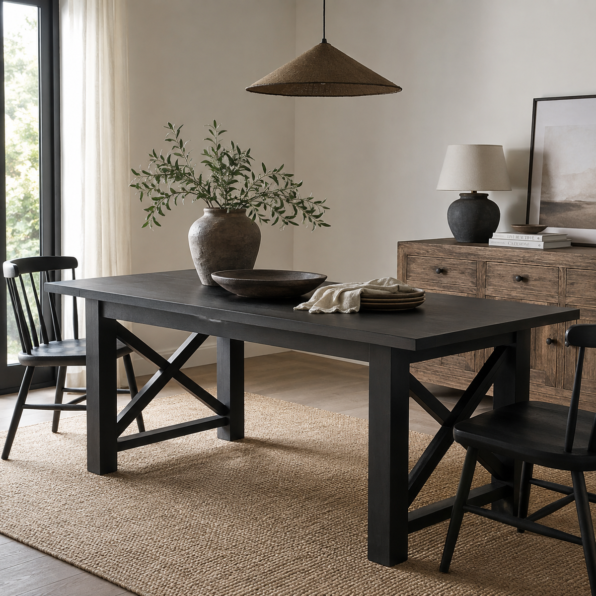 A dark charcoal black farmhouse dining table with X-shaped legs, styled in a warm, neutral-toned dining room with black chairs, a wooden credenza, and a woven pendant light.