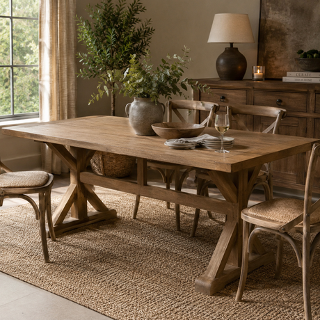 A rustic wooden dining table with a trestle base and matching woven-back chairs, styled in a warm, neutral-toned dining room with a window, lamp, and potted plant.