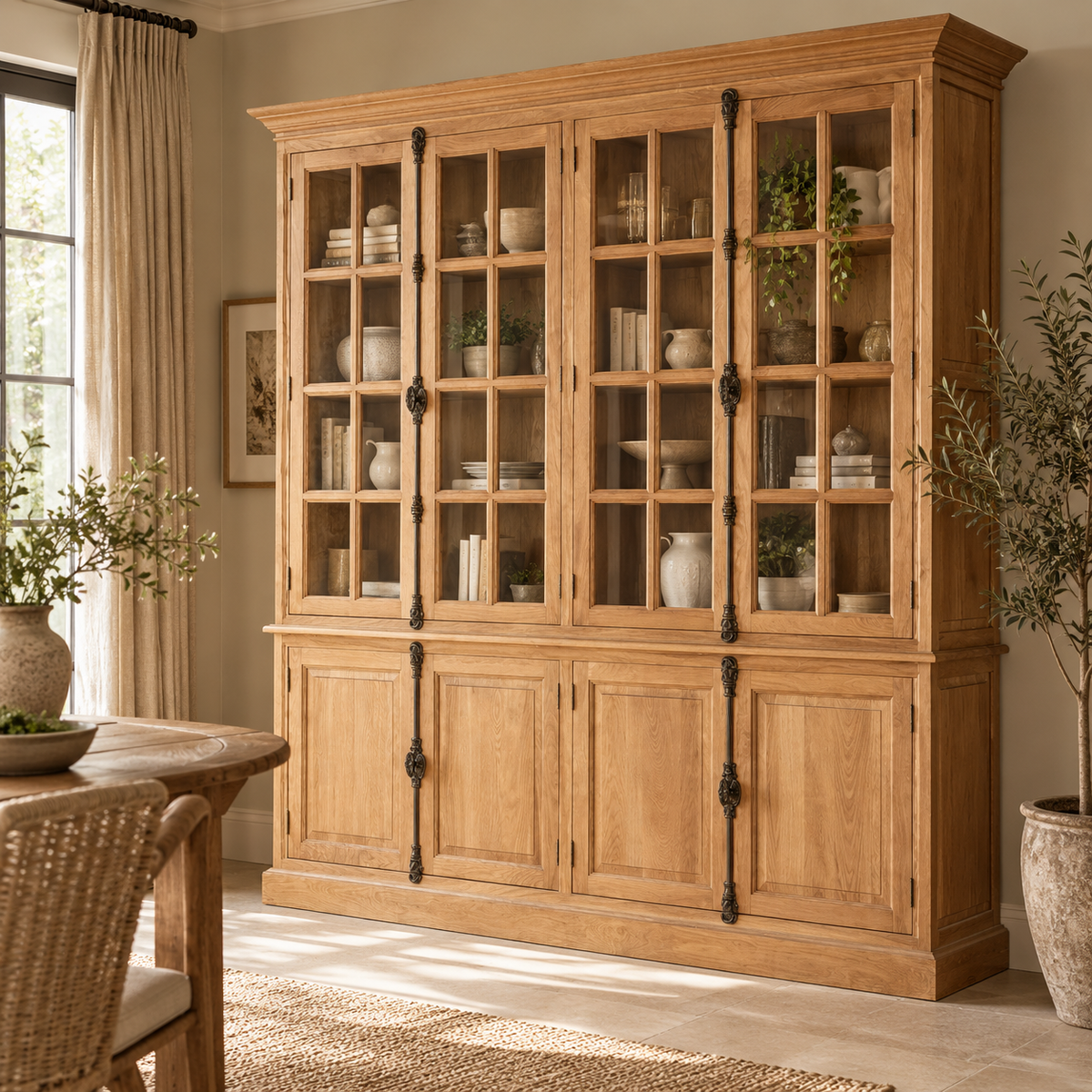 A large light oak wood china cabinet with glass-front upper doors and panelled lower doors, styled in a warm, sunlit dining room.