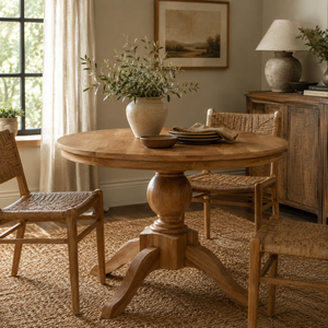 Round wooden pedestal dining table in a warm, rustic room setting with woven chairs, a vase of greenery, and neutral decor.