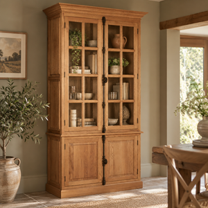 A tall rustic wooden display cabinet with glass-front upper doors and solid lower doors, styled in a warm, neutral-toned dining room.