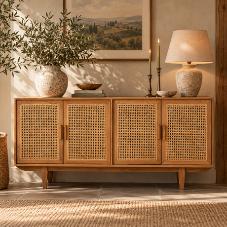 A mid-century modern wooden sideboard cabinet with woven cane doors, styled in a warm, rustic room with a lamp, candles, a potted olive tree, and a landscape painting on the wall.