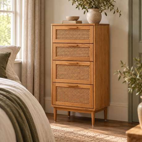 Arden tall four drawer chest in oak with woven rattan cane drawer fronts, standing in a bright bedroom beside a window with a vase on top
