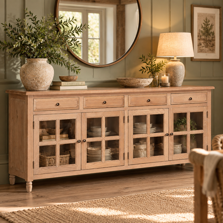 A light natural wood sideboard cabinet with glass-front doors and drawers, styled in a dining room setting with a lamp, mirror, and decorative plants.
