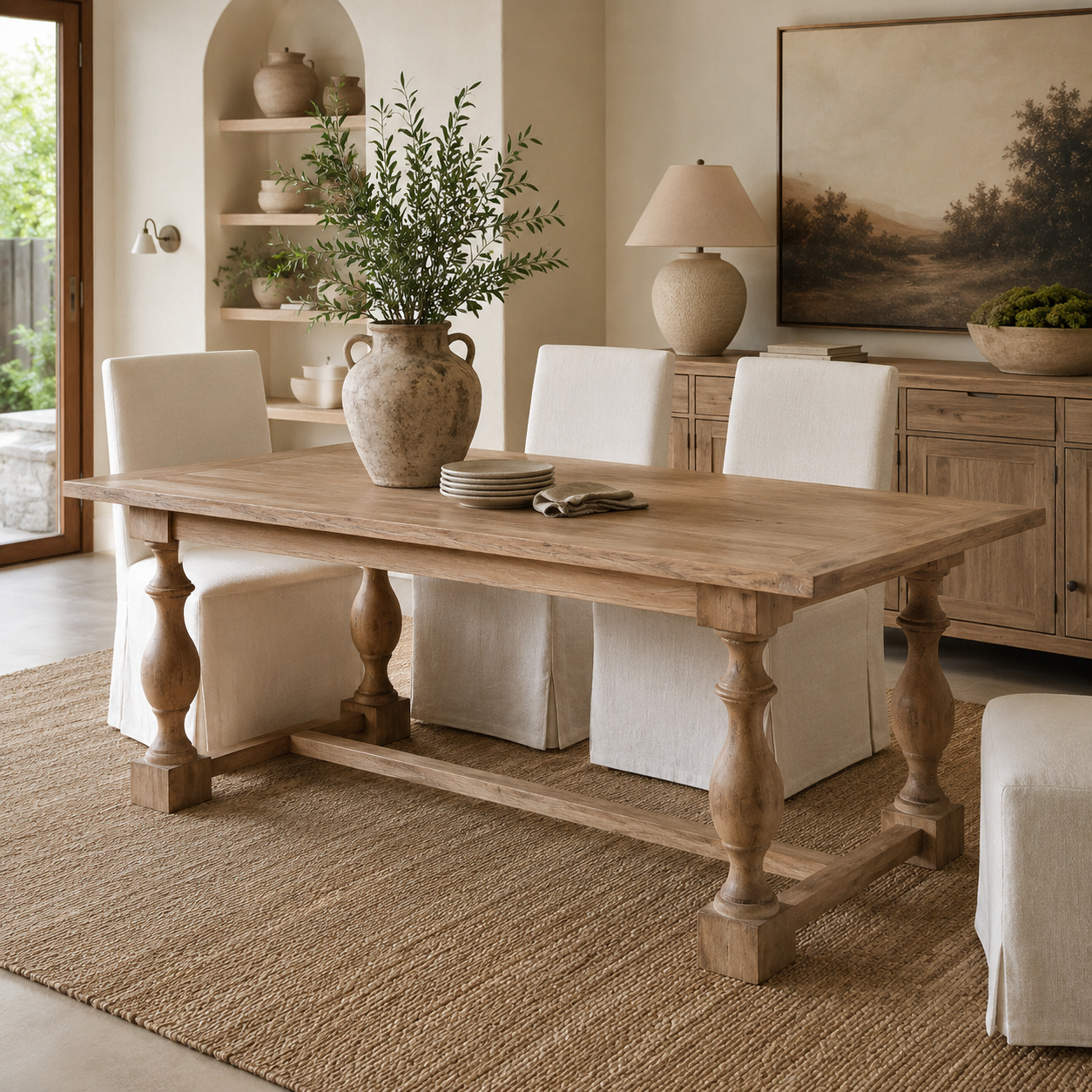 A rustic wooden dining table with turned legs and a rectangular top, styled in a warm, neutral-toned dining room with white upholstered chairs, a woven rug, and a large ceramic vase on top.