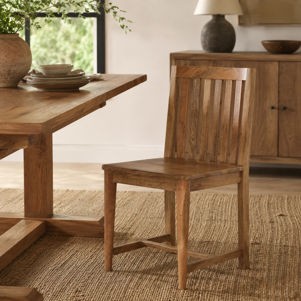 A rustic wooden dining chair with a slatted back and straight legs, positioned next to a matching wooden dining table in a warm, neutral-toned dining room.