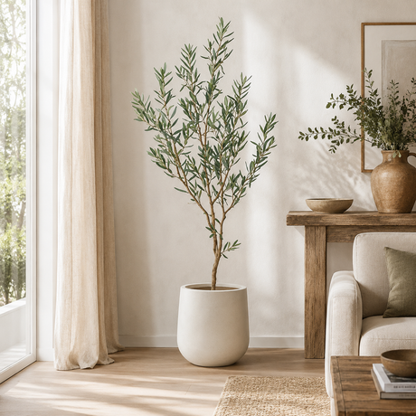 Modern living room with a potted olive tree, wooden table, and sofa.