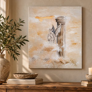 Ascend II painting of a winged classical figure and stone column above a reclaimed wood console table with olive branches in a stone vase