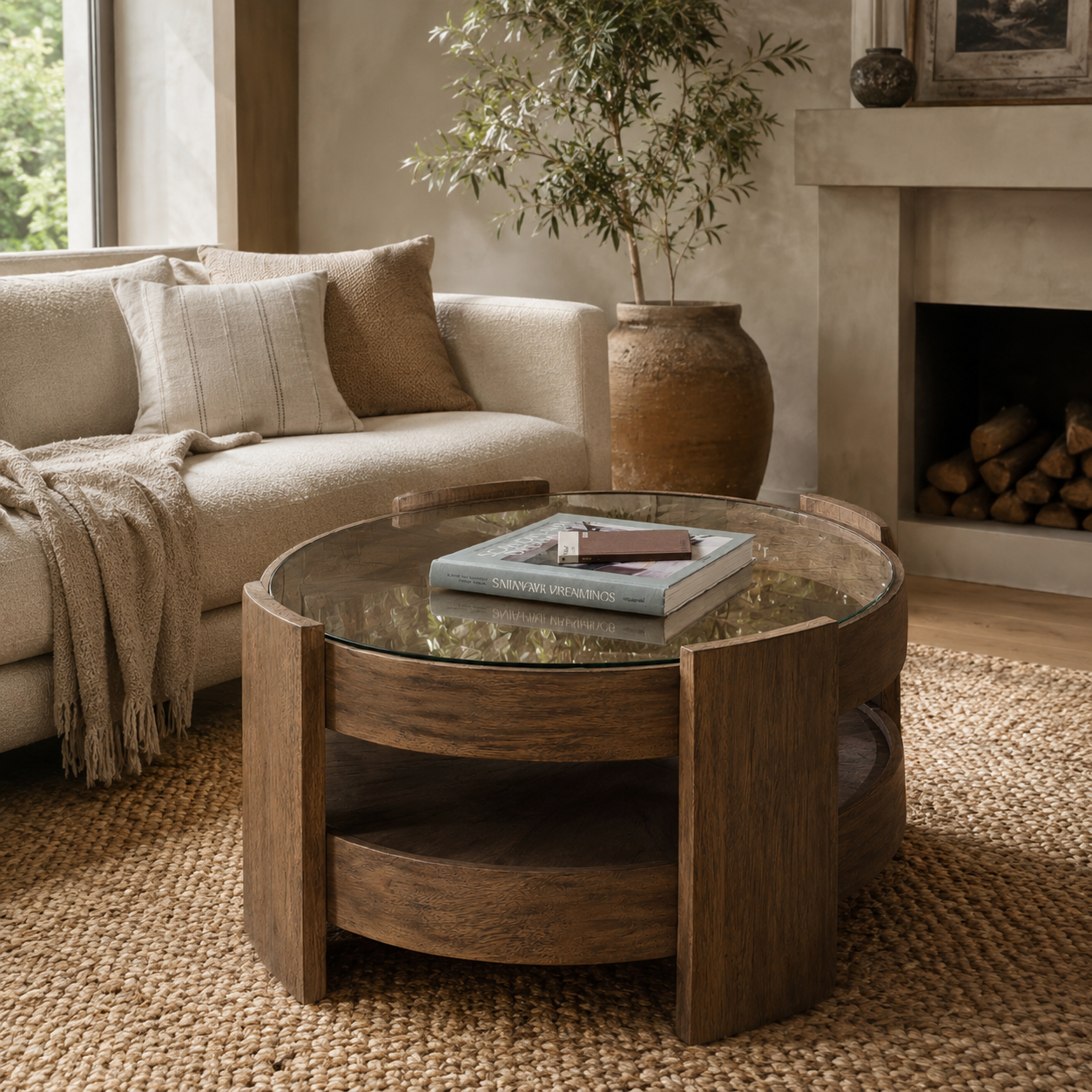 Round wooden coffee table in a living room with a sofa, books, and a plant.