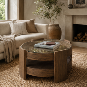 Round wooden coffee table in a living room with a sofa, books, and a plant.